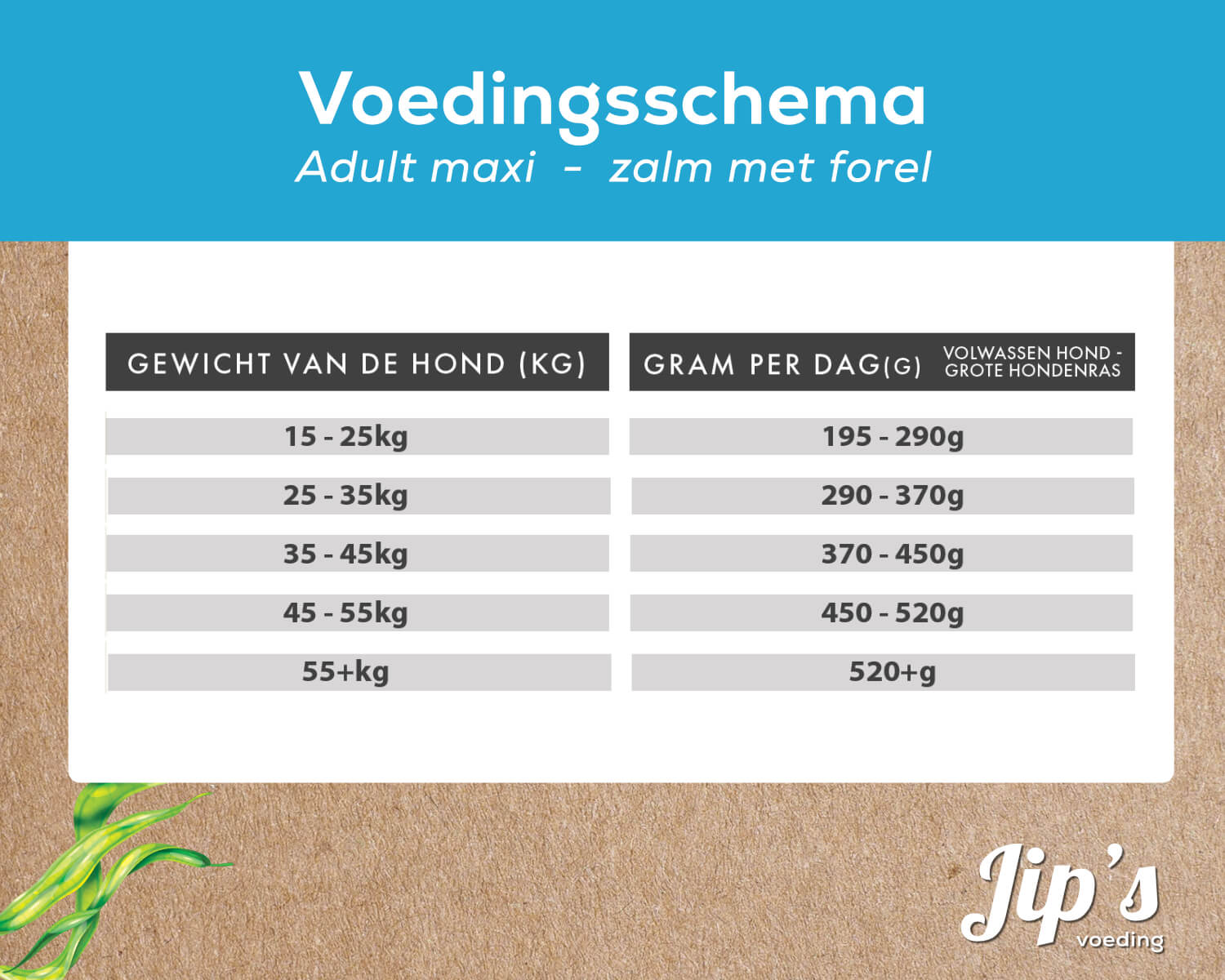 Fütterungsplan Jip's Hundefutter adult maxi Lachs.