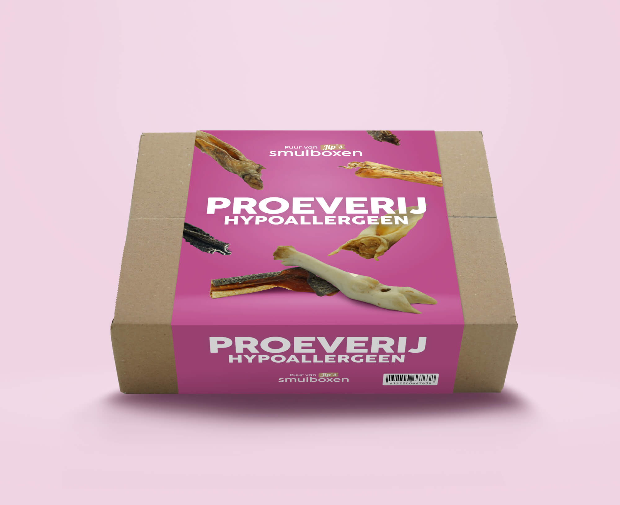 Snackbox voor een gevoelige hond vol met hypoallergene snacks.