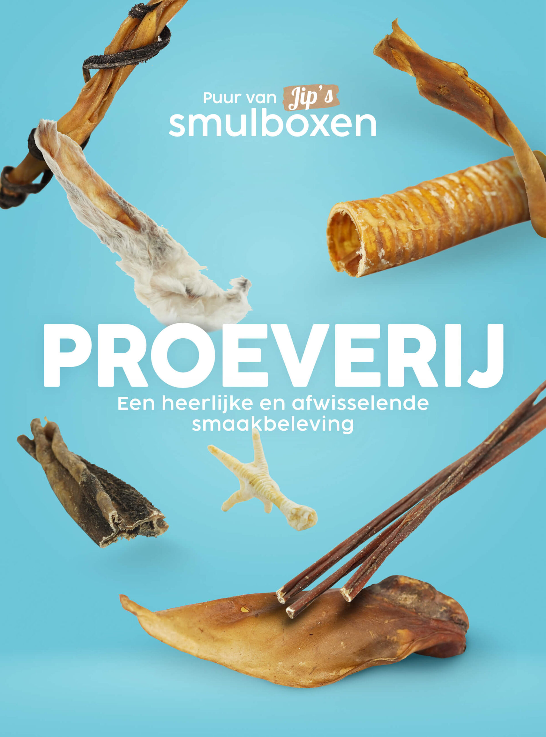 Ruim en divers pakket vol met hondenbotten en snacks in de Jips snackbox hondenproeverij